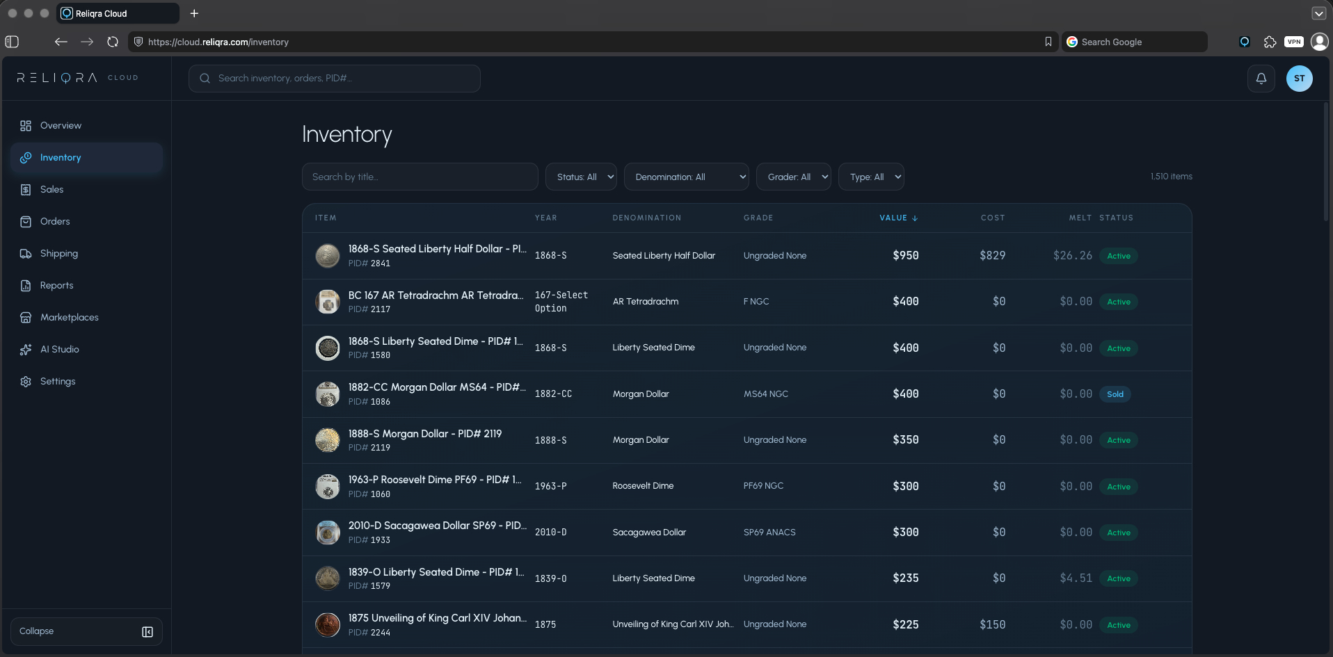 Reliqra Cloud inventory list in the browser