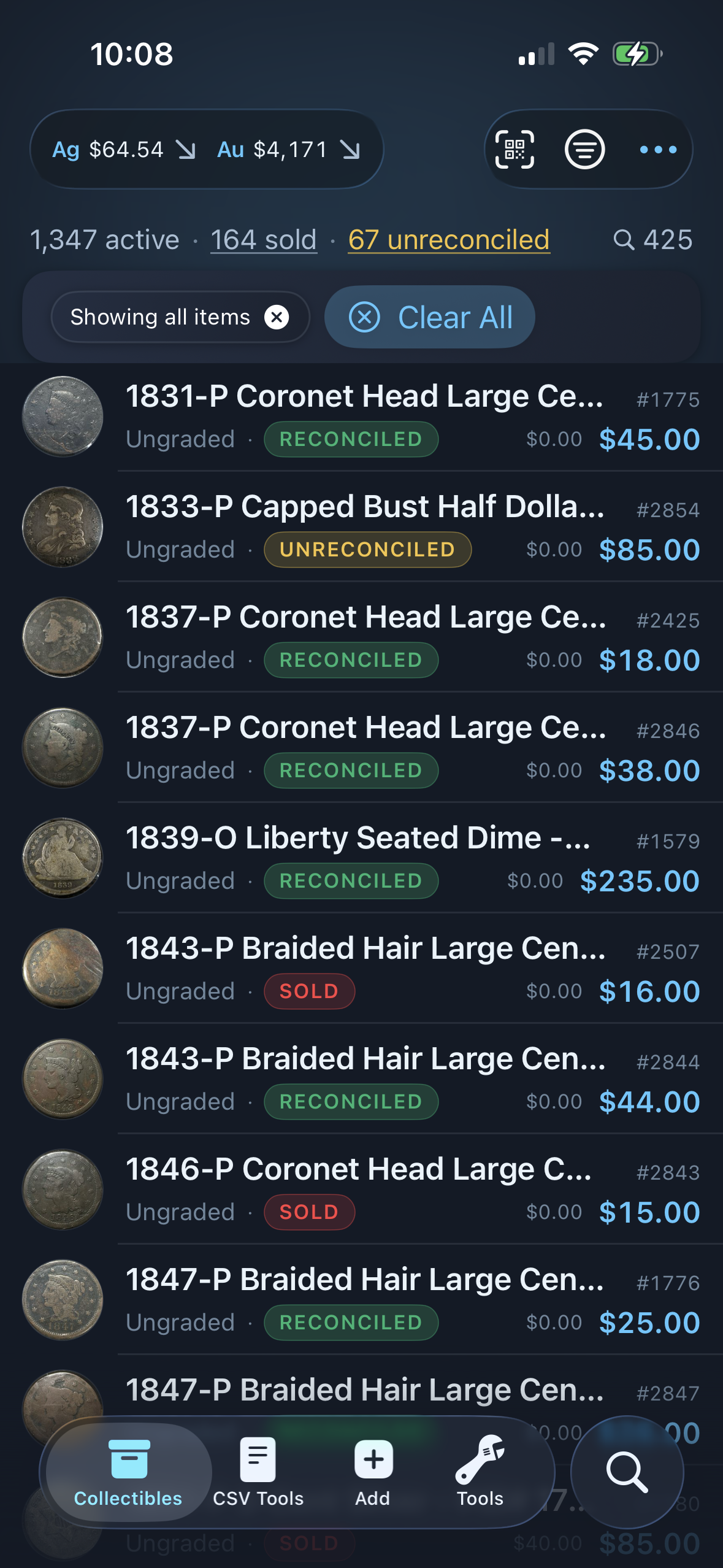 Reliqra app inventory list on iPhone
