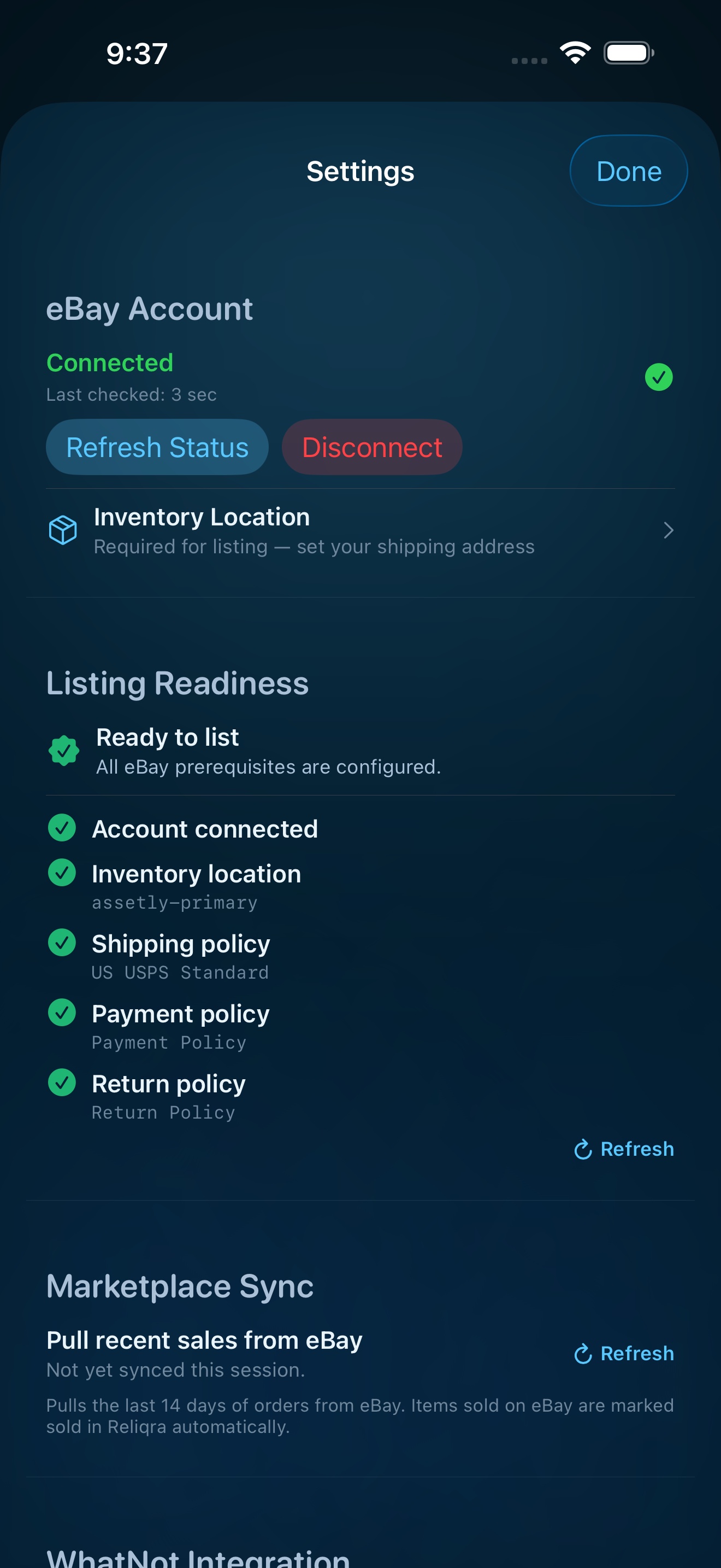 Reliqra app eBay account connected and listing readiness — ready to list, with auto mark-sold sync