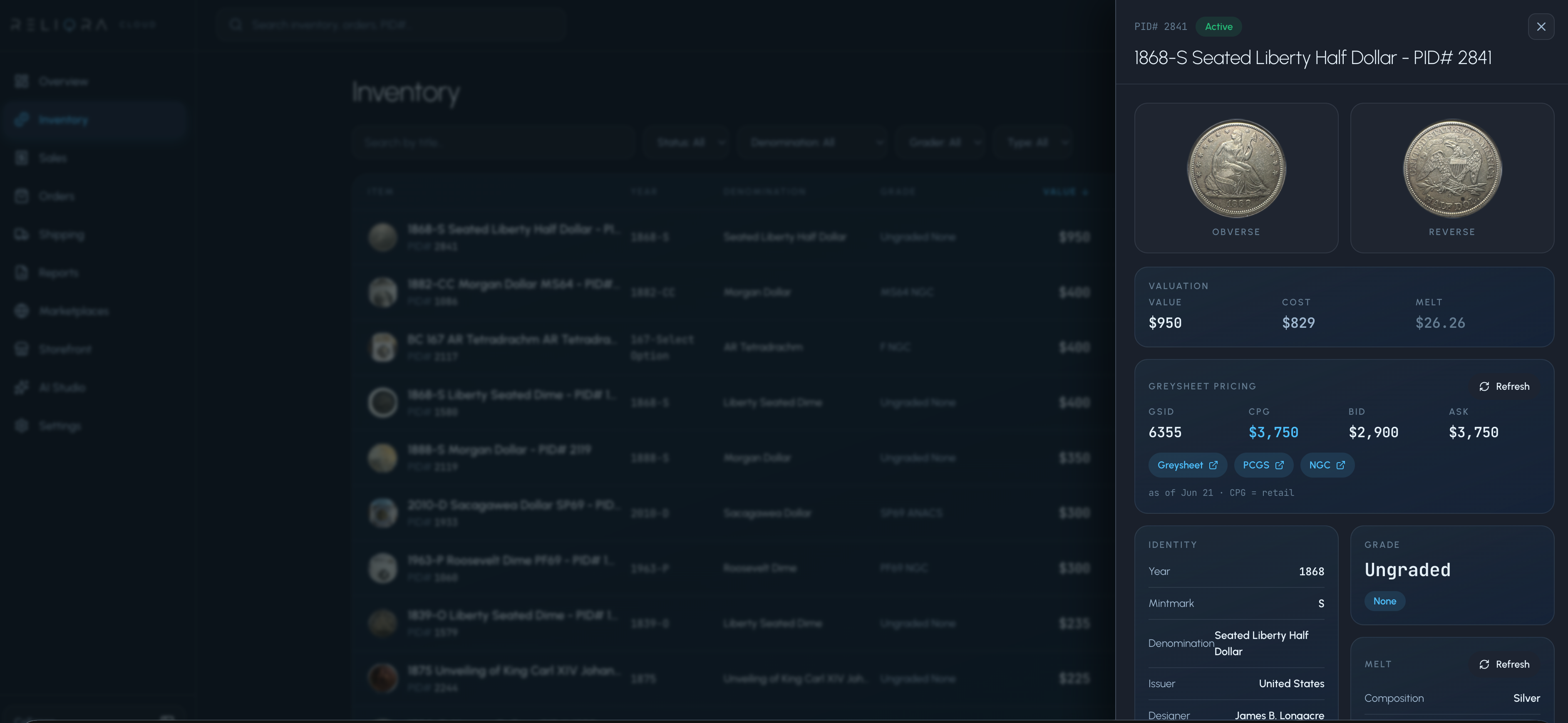 Item detail drawer with valuation, Greysheet pricing, melt, and identity details