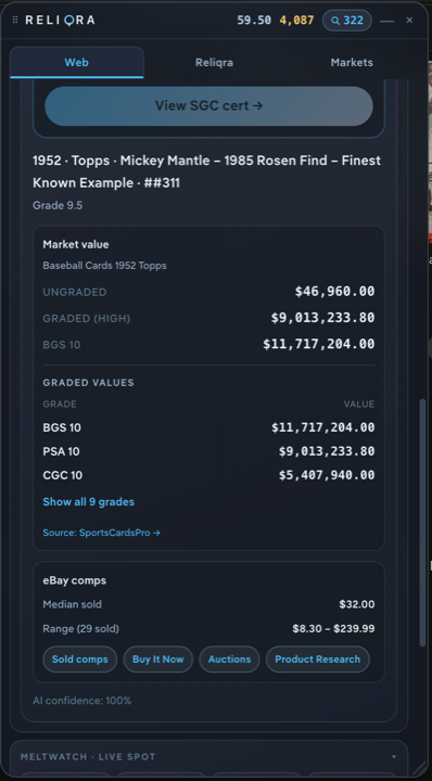Reliqra extension trading card lookup showing SportsCardsPro market value, BGS/PSA/CGC grade ladder, and a cert link