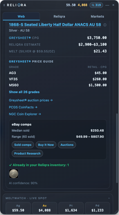 Reliqra extension coin lookup showing Greysheet CPG, Reliqra estimate, melt value, and the full grade ladder