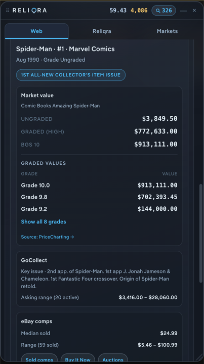 Reliqra extension comic lookup showing market value by grade, key-issue notes from GoCollect, and eBay sold comps