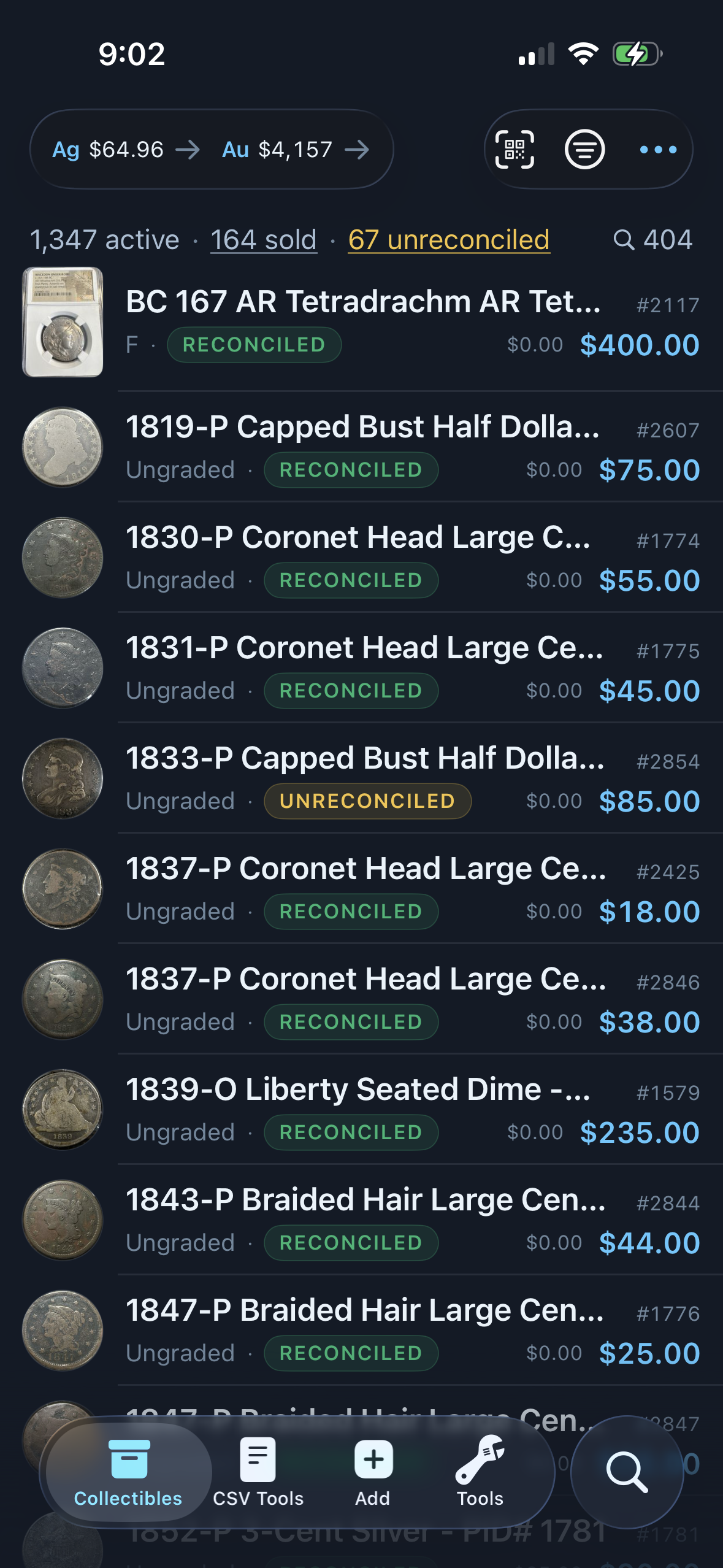 Full Reliqra app inventory screen on iPhone