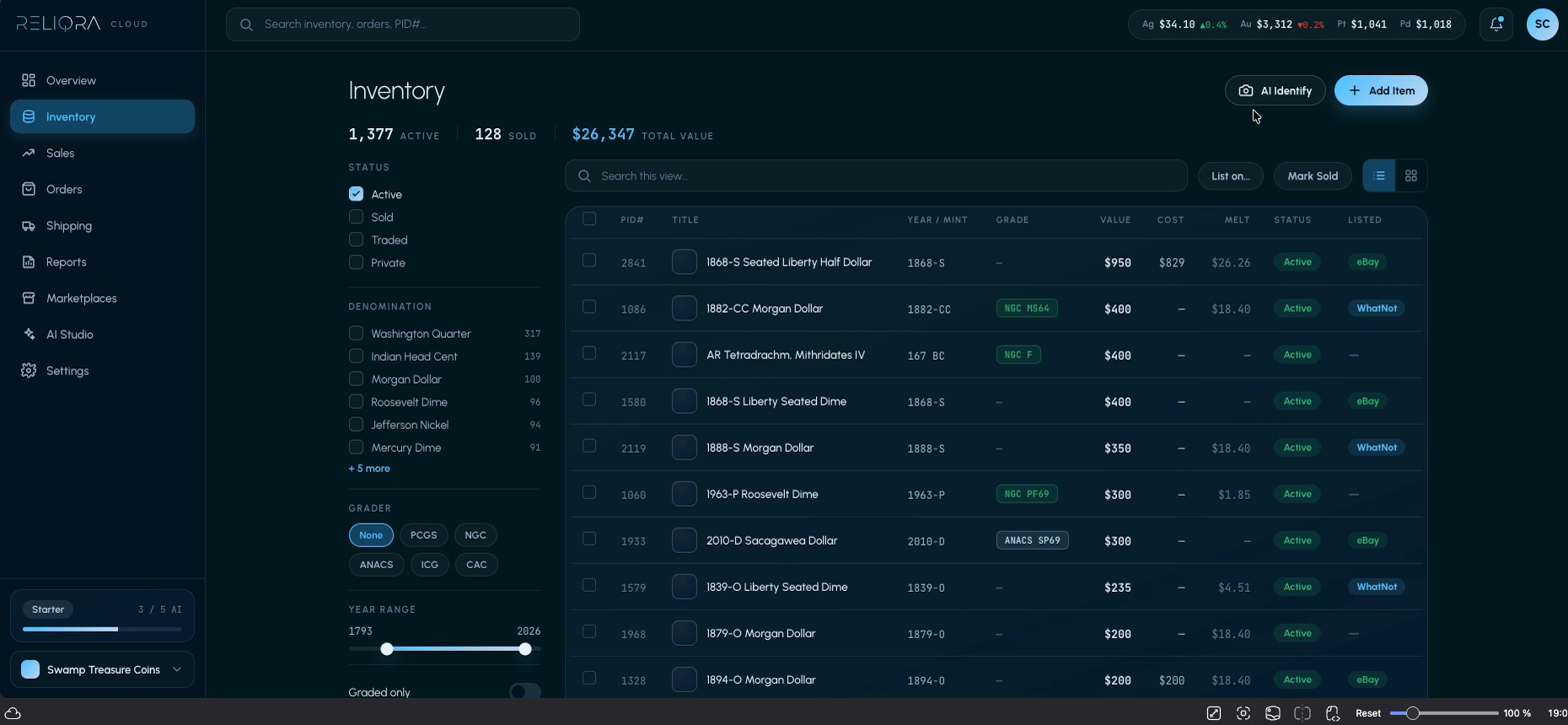 Inventory table with filters