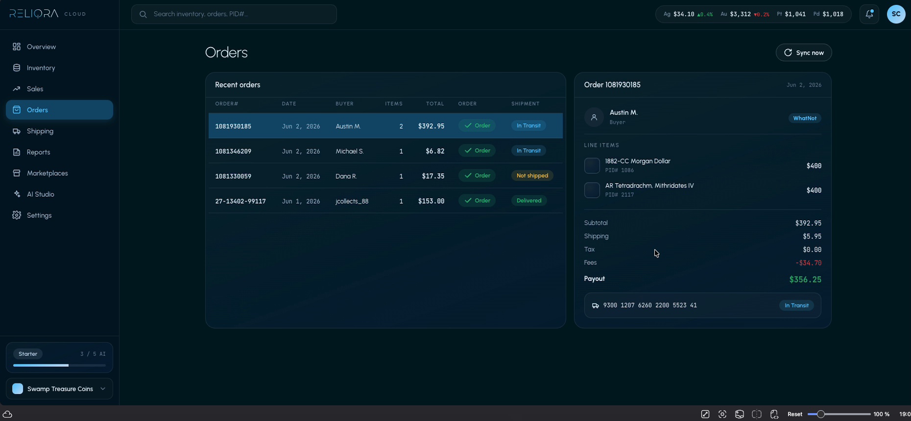 Orders list with order detail, fees and payout