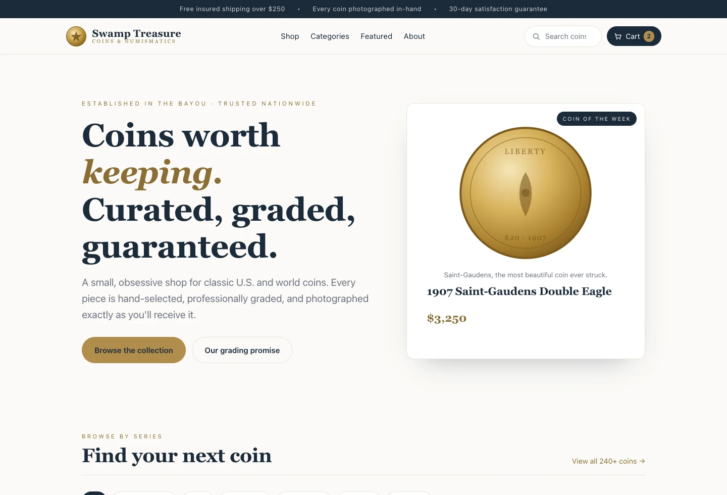 Editorial storefront theme preview for a collectible coin shop