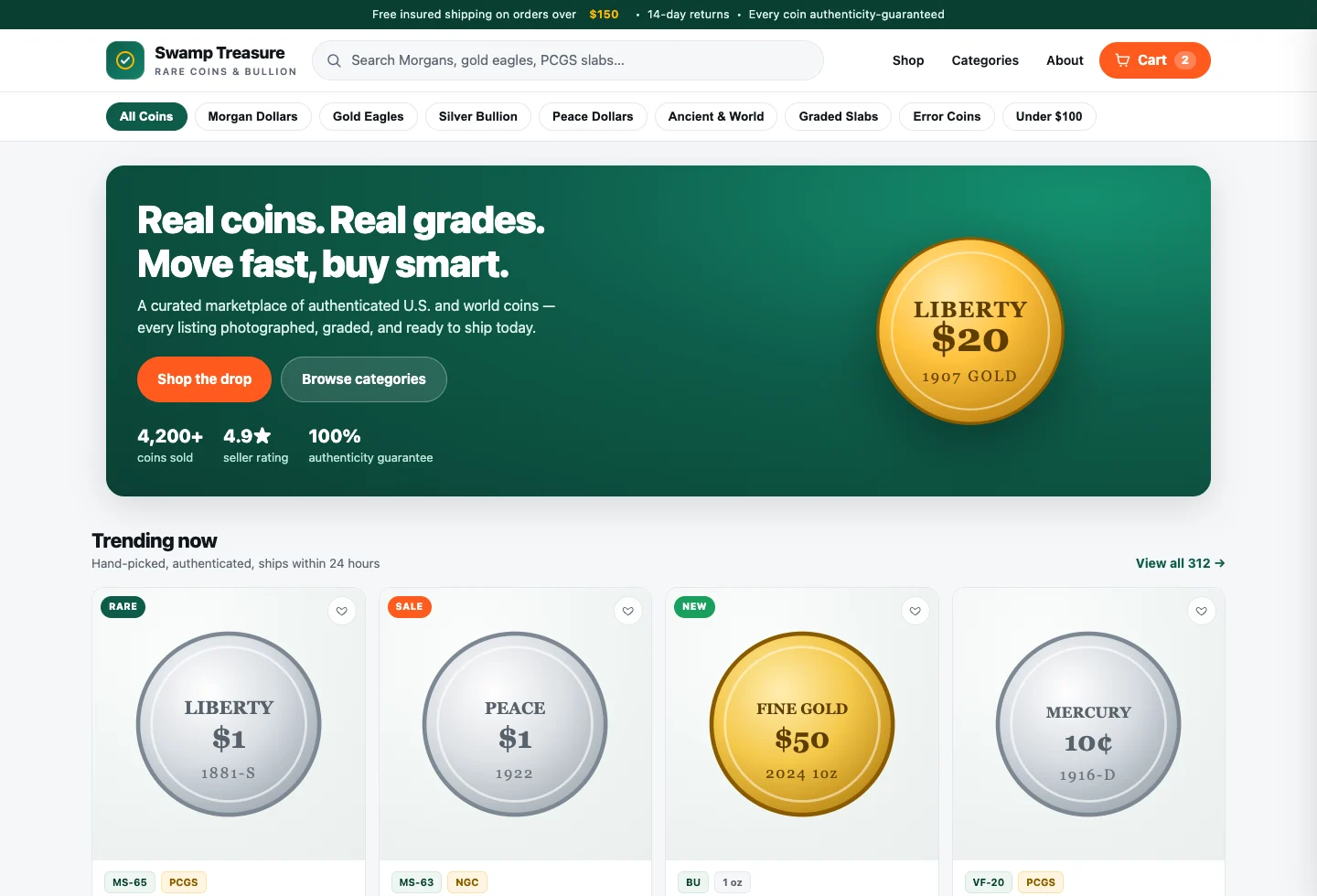 Marketplace storefront theme preview for a collectible coin shop