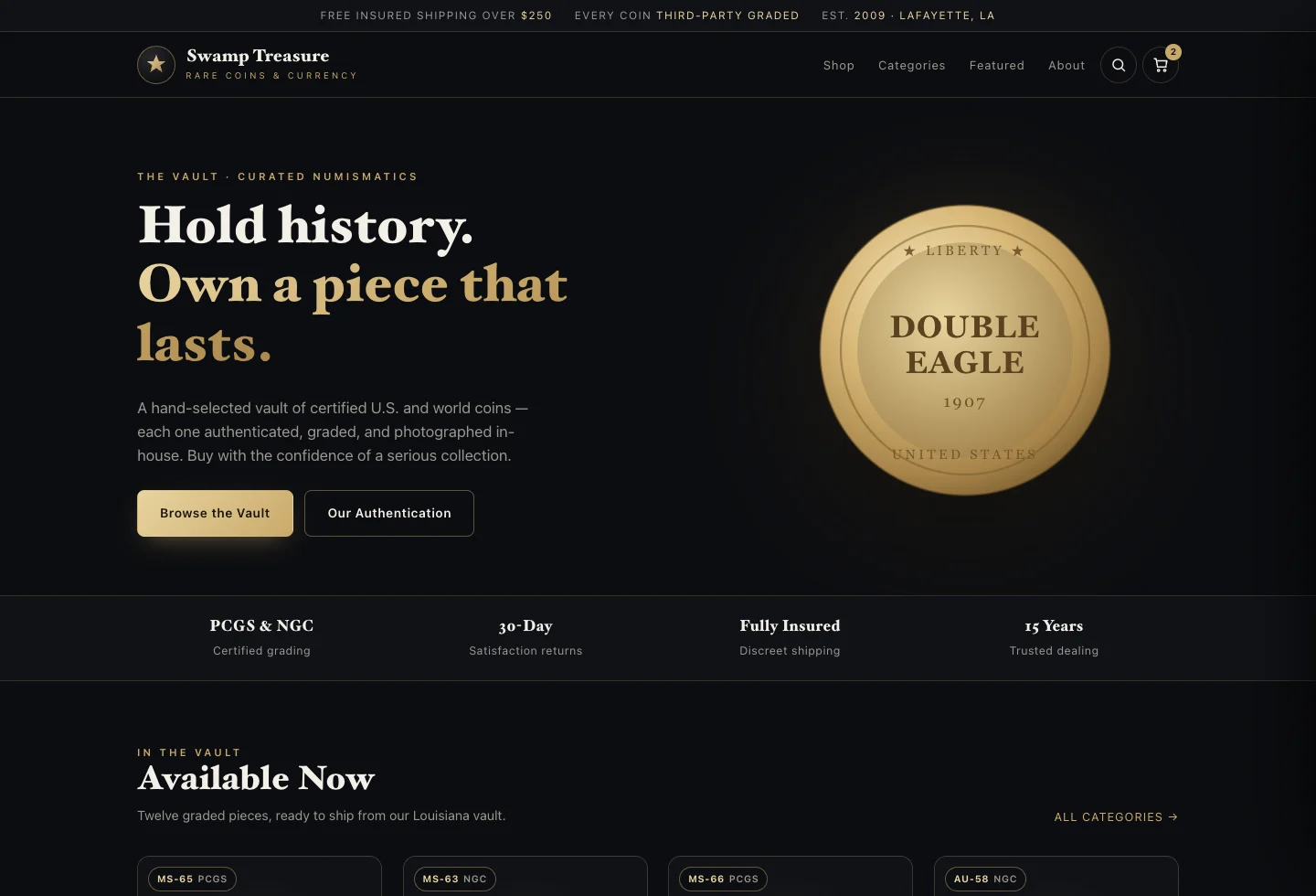Vault storefront theme preview for a collectible coin shop