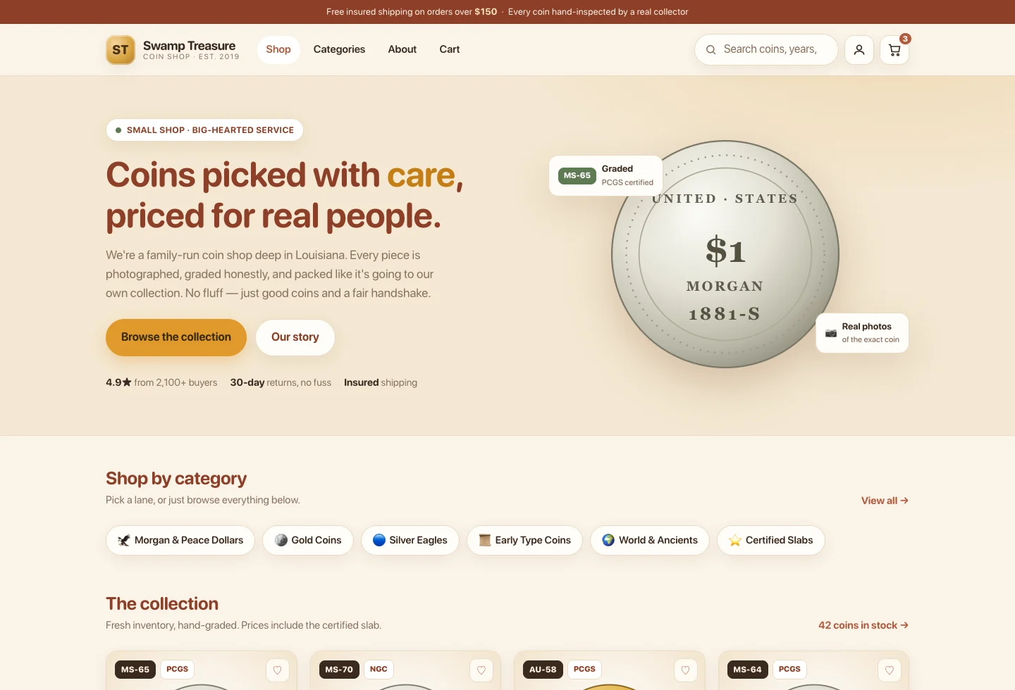 Warm boutique storefront theme preview for a collectible coin shop