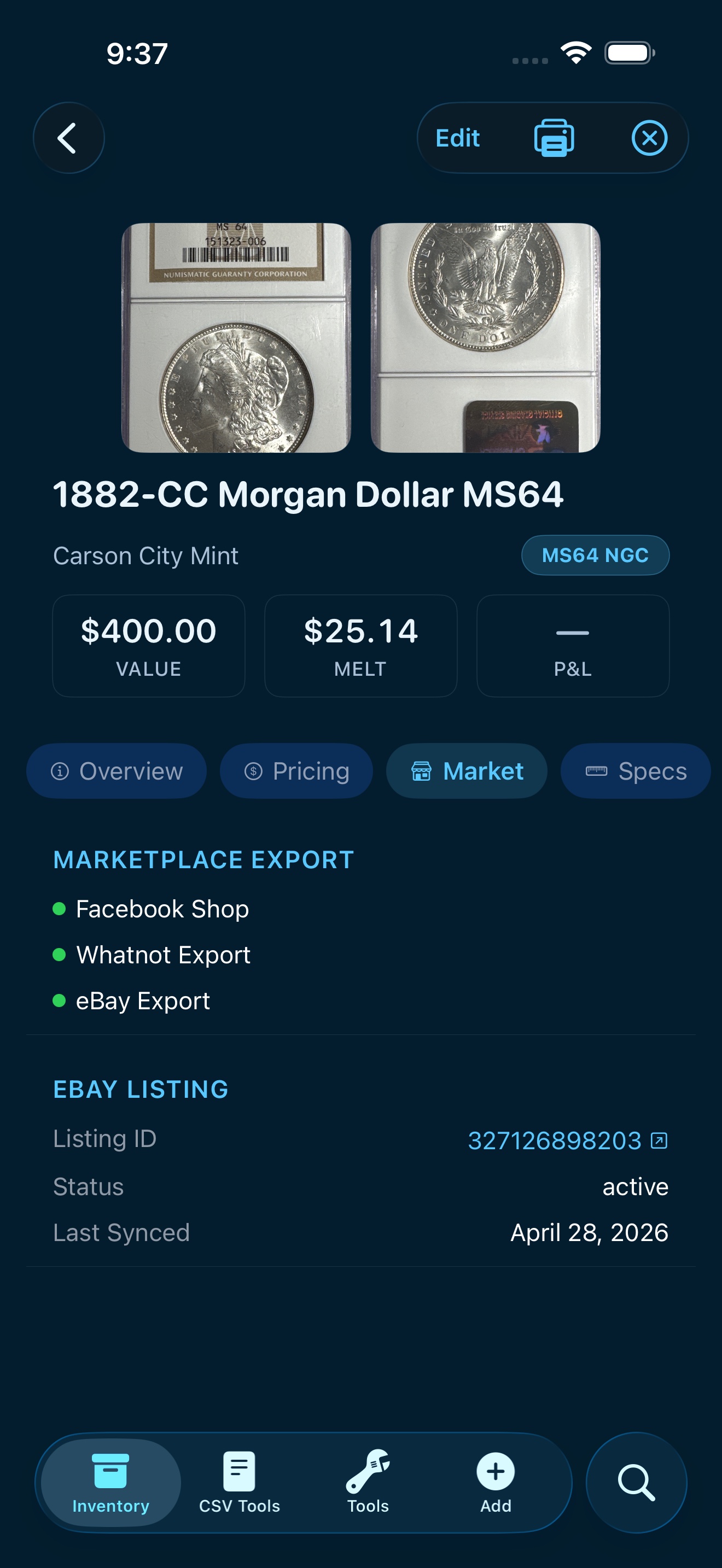 Reliqra eBay listing integration — live listing ID and marketplace status