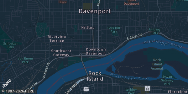 Map of Davenport, IA. The exact address of Modern Woodmen Park is not known, so the map shows the area rather than a specific building.