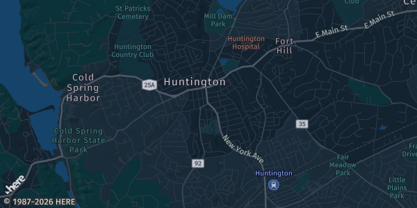 Map of Huntington, NY. The exact address of Beast Training Facility is not known, so the map shows the area rather than a specific building.
