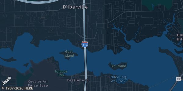 Map of D'Iberville, MS. The exact address of D'Iberville Civic Center is not known, so the map shows the area rather than a specific building.
