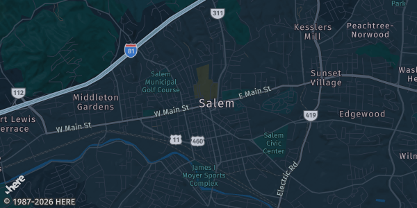 Map of Salem, VA. The exact address of The Salem Civic Center is not known, so the map shows the area rather than a specific building.