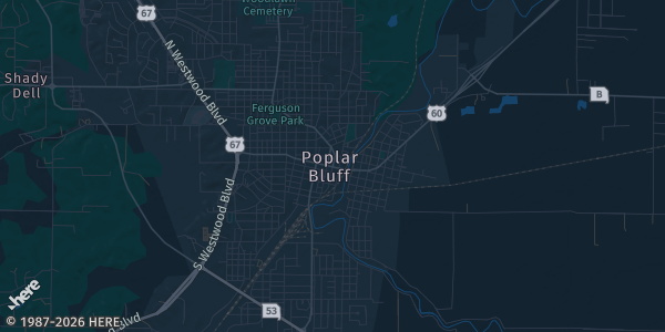Map of Poplar Bluff, MO. The exact address of Jr’s Lounge is not known, so the map shows the area rather than a specific building.