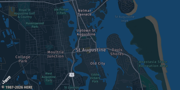 Map of Saint Augustine, FL. The exact address of World Golf Village Renaissance Hotel is not known, so the map shows the area rather than a specific building.