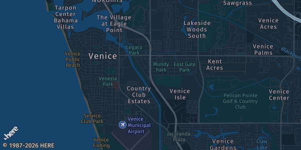 Map of Venice, FL. The exact address of Hotel Venezia Banquet Center is not known, so the map shows the area rather than a specific building.