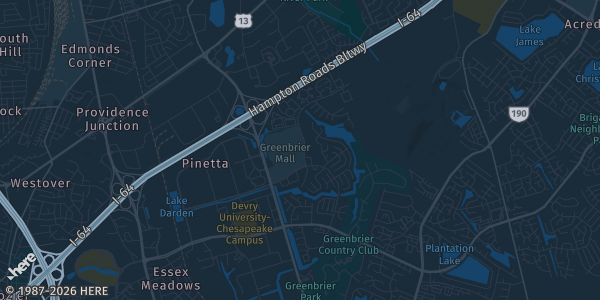 Map of Chesapeake, VA. The exact address of Greenbrier Mall is not known, so the map shows the area rather than a specific building.