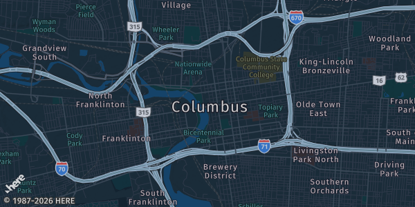 Map of Columbus, OH. The exact address of Greater Columbus Convention Center! is not known, so the map shows the area rather than a specific building.