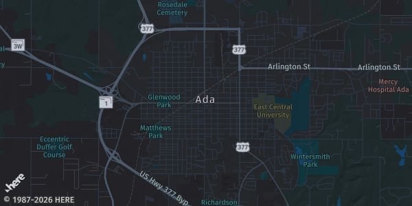 Map of Ada, OK. The exact address of Pontotoc County Agri-plex Convention Center is not known, so the map shows the area rather than a specific building.