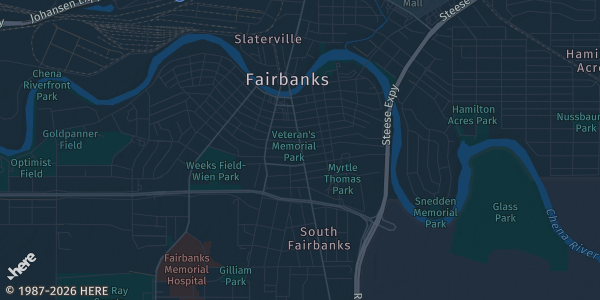 Map of Fairbanks, AK. The exact address of Alaska ComicCon is not known, so the map shows the area rather than a specific building.