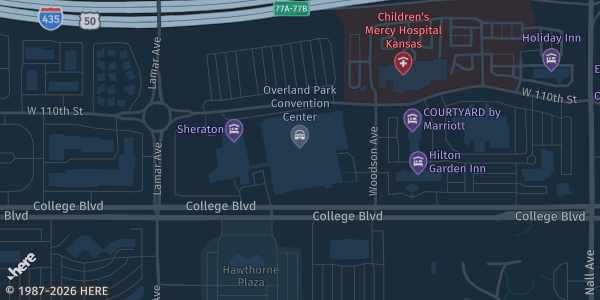 Map showing Overland Park Convention Center in Overland Park, KS.