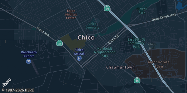 Map of Chico, CA. The exact address of Marsh Junior High School Gym is not known, so the map shows the area rather than a specific building.