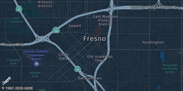 Map of Fresno, CA. The exact address of Kings Canyon Middle School Gym is not known, so the map shows the area rather than a specific building.