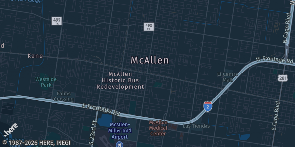 Map of McAllen, TX. The exact address of McAllen Convention Center is not known, so the map shows the area rather than a specific building.
