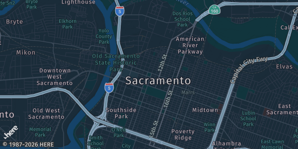 Map of Sacramento, CA. The exact address of SPHSS Portuguese Hall is not known, so the map shows the area rather than a specific building.