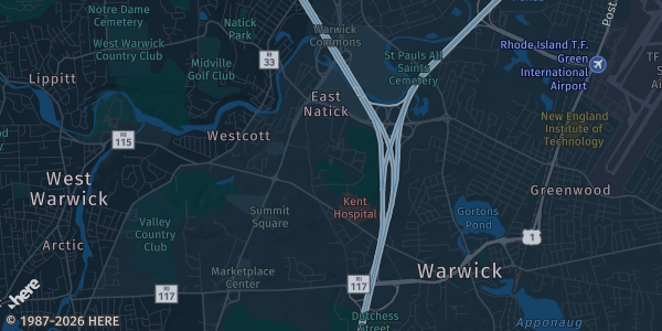 Map of Warwick, RI. The exact address of Allsport Collectibles Back To School Spectacular Sports Card and Collectibles Show is not known, so the map shows the area rather than a specific building.