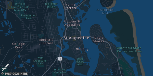 Map of St. Augustine, FL. The exact address of World Golf Village Renaissance St. Augustine Resort is not known, so the map shows the area rather than a specific building.