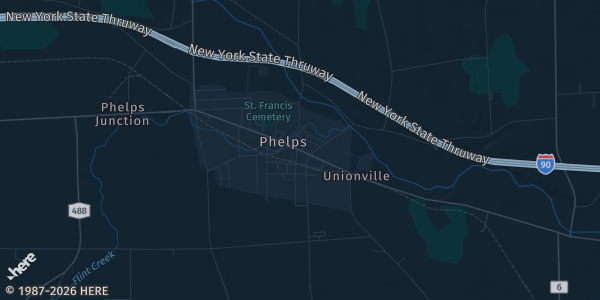 Map of Phelps, NY. The exact address of Phelps Community Center is not known, so the map shows the area rather than a specific building.
