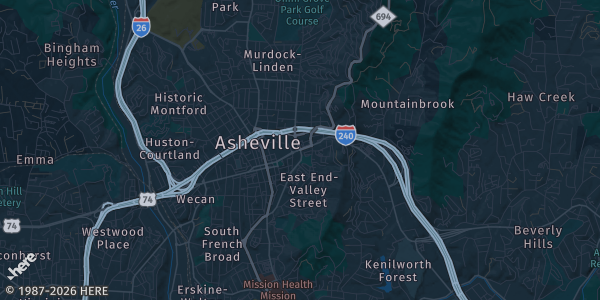 Map of Asheville, NC. The exact address of Asheville Mall is not known, so the map shows the area rather than a specific building.
