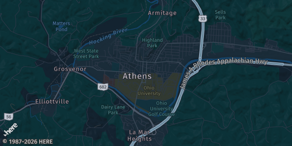 Map of Athens, OH. The exact address of American Legion Hall is not known, so the map shows the area rather than a specific building.