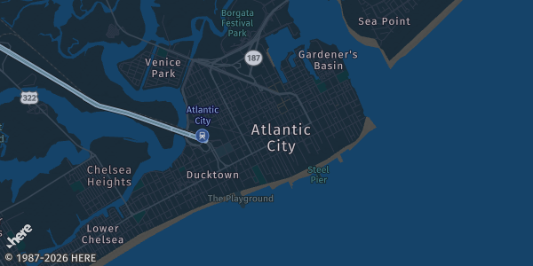 Map of Atlantic City, NJ. The exact address of Showboat Resort is not known, so the map shows the area rather than a specific building.
