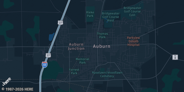 Map of Auburn, IN. The exact address of Middaugh Hall is not known, so the map shows the area rather than a specific building.