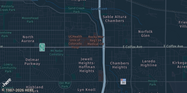 Map of Aurora, CO. The exact address of Aurora Expo Recreation Center is not known, so the map shows the area rather than a specific building.