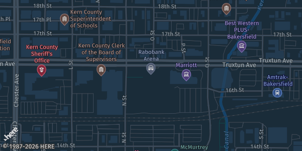 Map showing Dignity Health Convention Center in Bakersfield, CA.