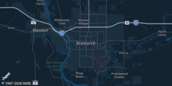 Map of Bismarck, ND. The exact address of this venue is not known, so the map shows the area rather than a specific building.