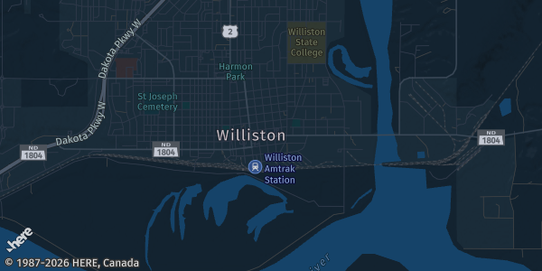 Map of Williston, ND. The exact address of Raymond Family Community Center is not known, so the map shows the area rather than a specific building.