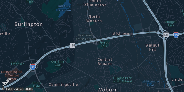 Map of Woburn, MA. The exact address of Crowne Plaza Woburn Hotel is not known, so the map shows the area rather than a specific building.