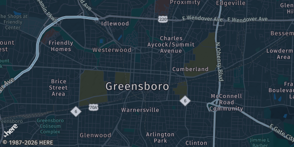 Map of Greensboro, NC. The exact address of Big Lick Comic Con is not known, so the map shows the area rather than a specific building.