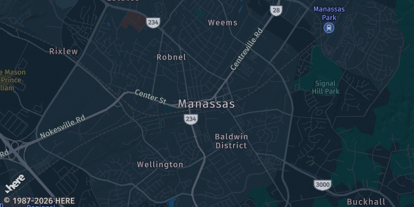Map of Manassas, VA. The exact address of Big Lick Comic Con: NOVA is not known, so the map shows the area rather than a specific building.