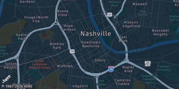 Map of Nashville, TN. The exact address of Next Level Skills Basketball Academy is not known, so the map shows the area rather than a specific building.