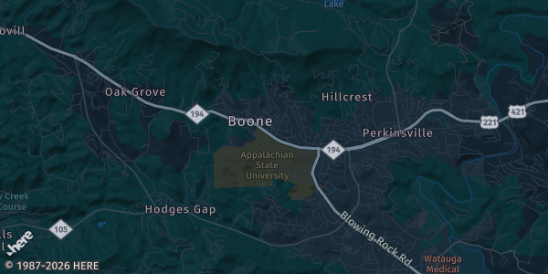 Map of Boone, NC. The exact address of Boone Mall is not known, so the map shows the area rather than a specific building.