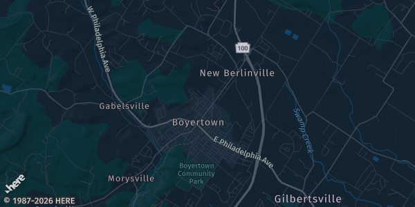 Map of Boyertown, PA. The exact address of Keystone Fire Company of Boyertown is not known, so the map shows the area rather than a specific building.