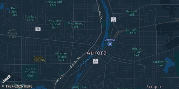 Map of Aurora, IL. The exact address of Granger Middle School is not known, so the map shows the area rather than a specific building.