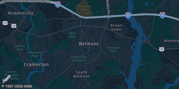 Map of Belmont, NC. The exact address of Belmont Foursquare Churc is not known, so the map shows the area rather than a specific building.